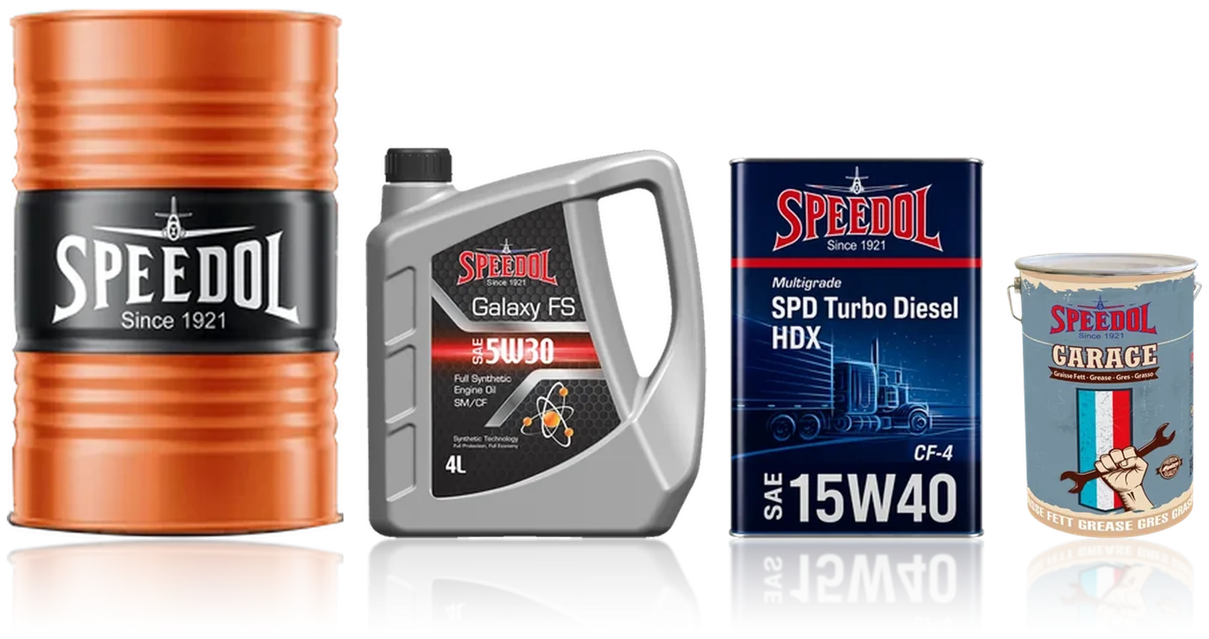 SPEEDOL ürün ailesi — 205 litrelik varil, motor yağı, dizel yağı ve gres